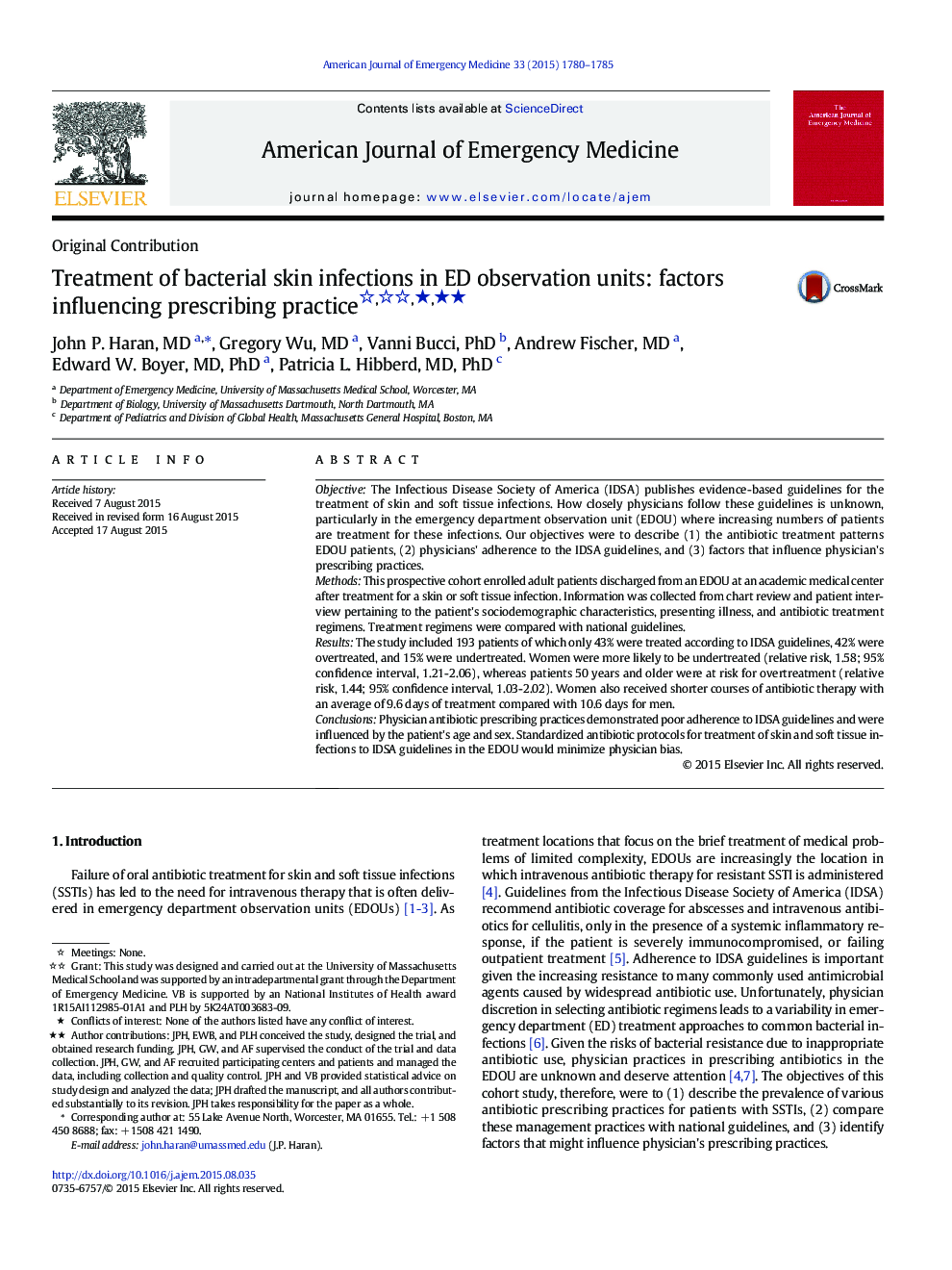 Treatment of bacterial skin infections in ED observation units: factors influencing prescribing practice ★★★