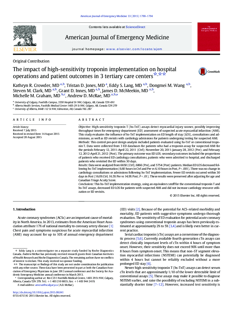 The impact of high-sensitivity troponin implementation on hospital operations and patient outcomes in 3 tertiary care centers 