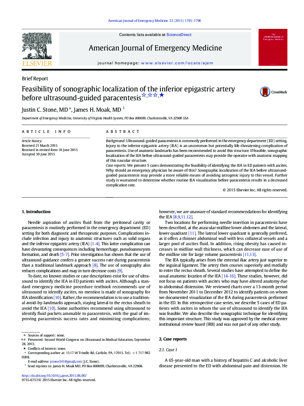 Feasibility of sonographic localization of the inferior epigastric artery before ultrasound-guided paracentesis