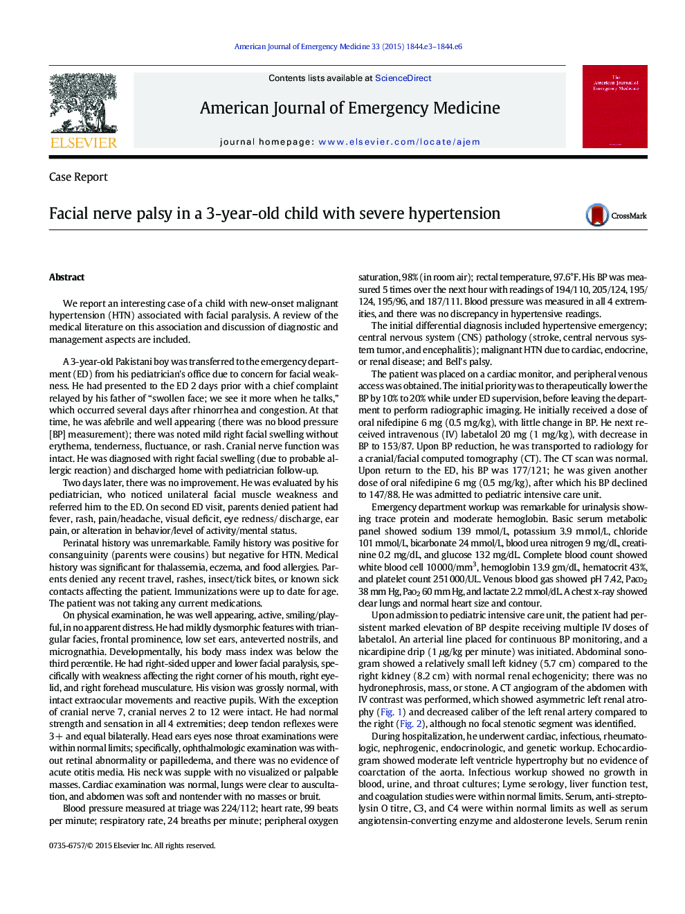 Facial nerve palsy in a 3-year-old child with severe hypertension