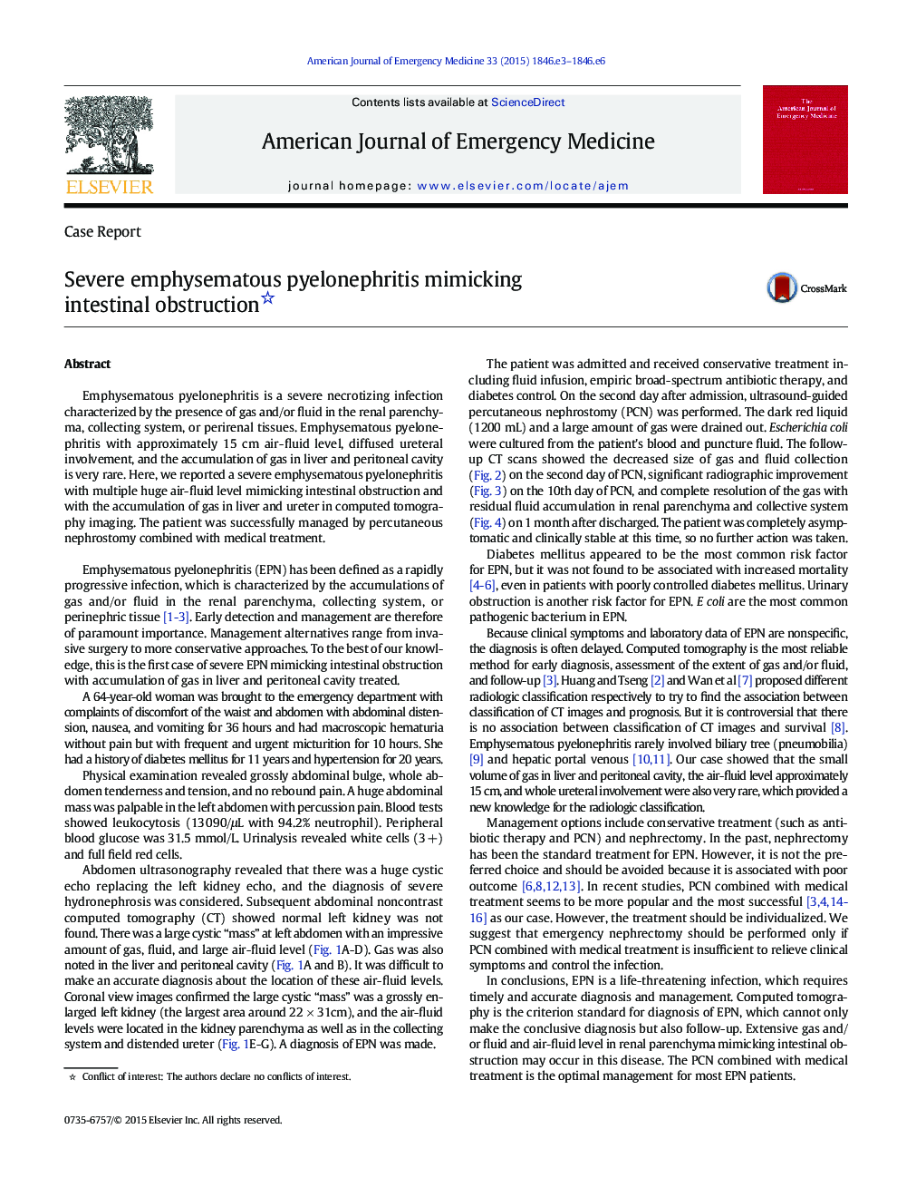 Severe emphysematous pyelonephritis mimicking intestinal obstruction