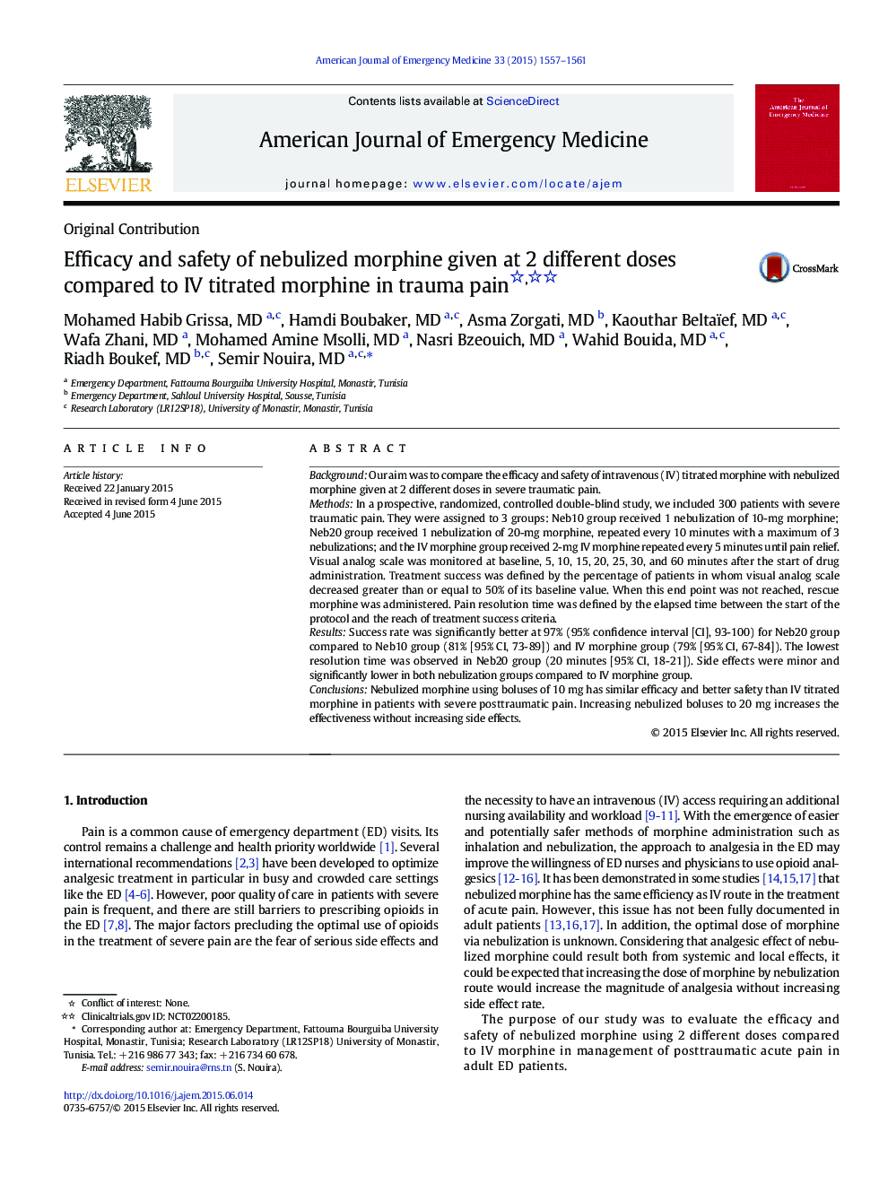 Efficacy and safety of nebulized morphine given at 2 different doses compared to IV titrated morphine in trauma pain 