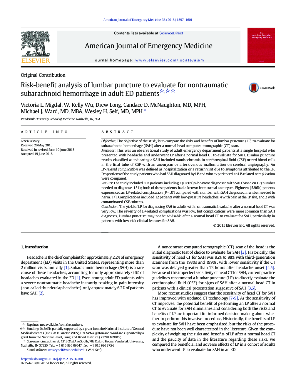 عکس صفحه اول مقاله: Risk-benefit analysis of lumbar puncture to evaluate for nontraumatic subarachnoid hemorrhage in adult ED patients Risk-benefit analysis of lumbar puncture to evaluate for nontraumatic subarachnoid hemorrhage in adult ED patients