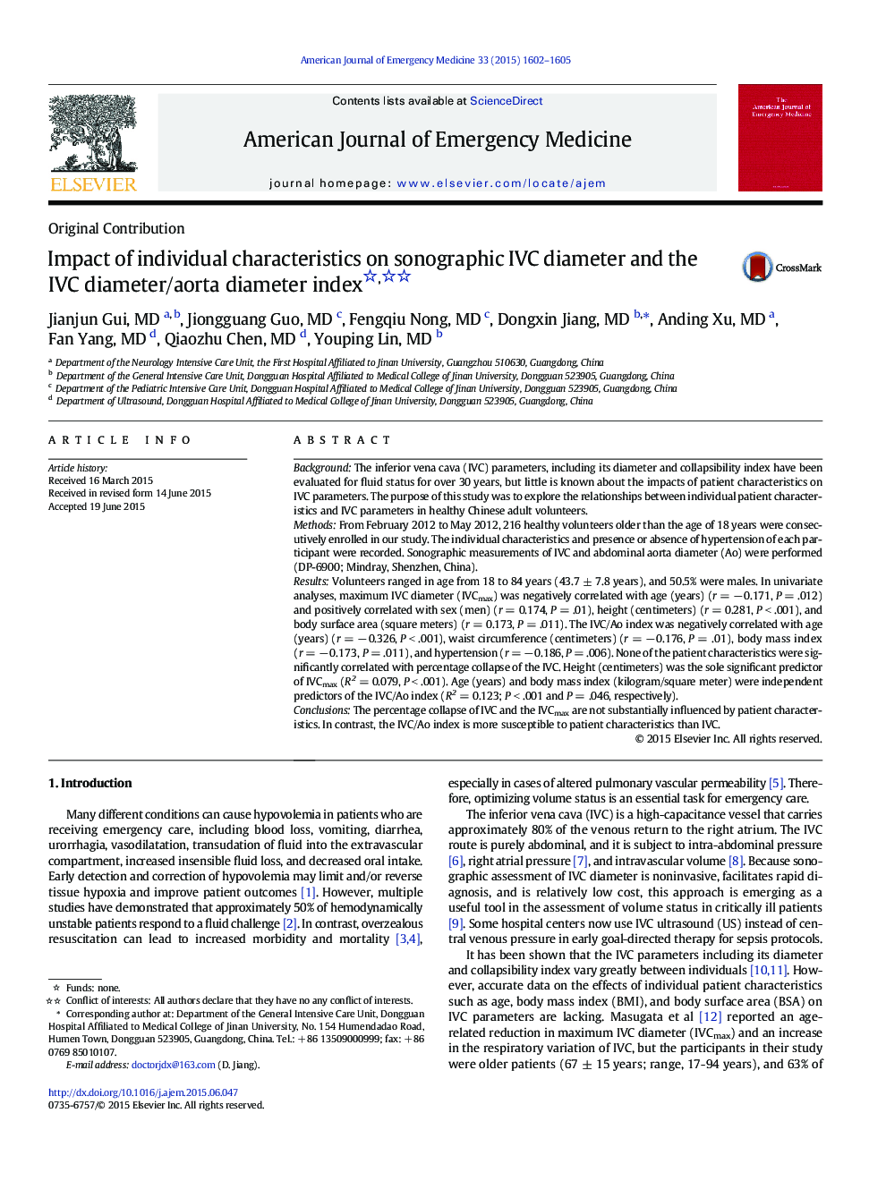 عکس صفحه اول مقاله: Impact of individual characteristics on sonographic IVC diameter and the IVC diameter/aorta diameter index Impact of individual characteristics on sonographic IVC diameter and the IVC diameter/aorta diameter index