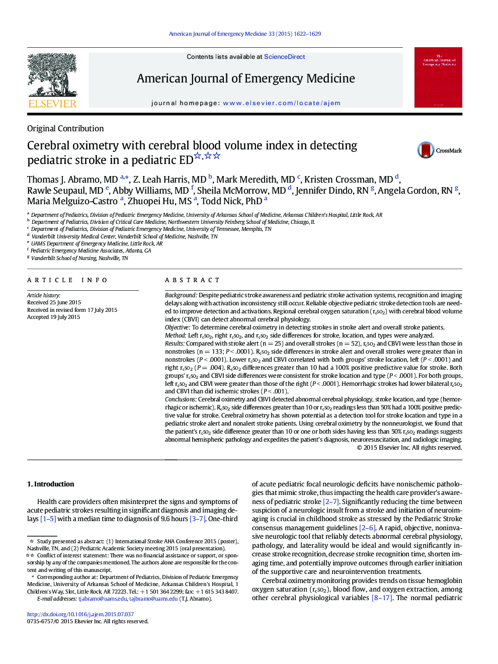 Cerebral oximetry with cerebral blood volume index in detecting pediatric stroke in a pediatric ED 