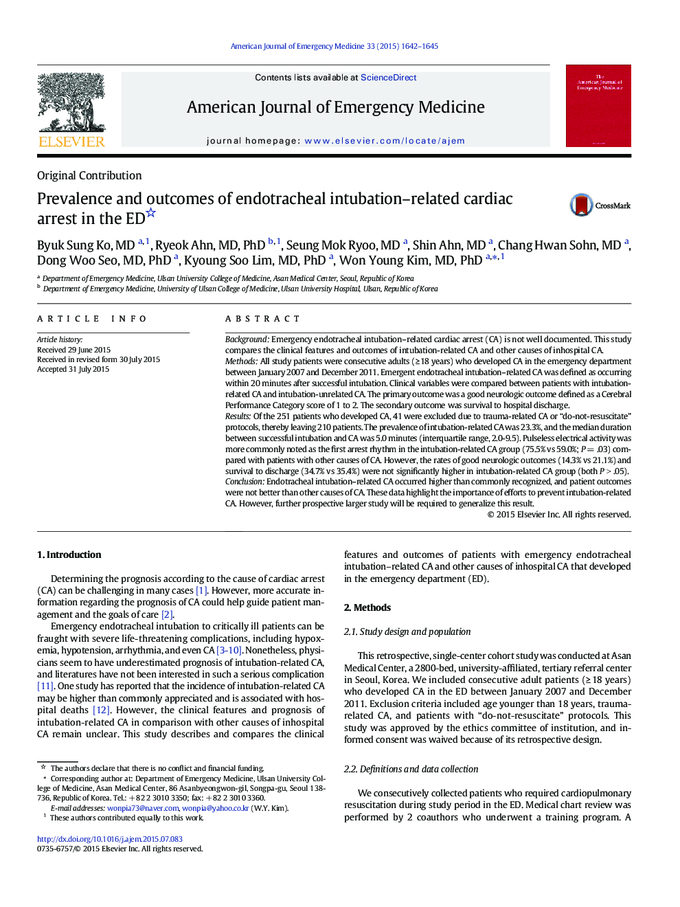 Prevalence and outcomes of endotracheal intubation–related cardiac arrest in the ED 