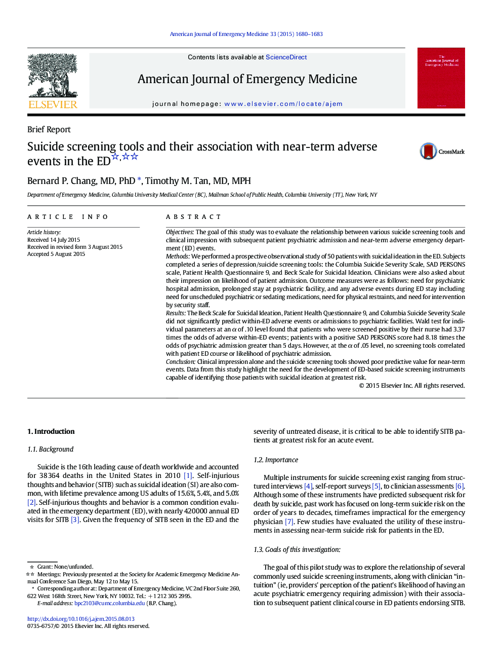 Suicide screening tools and their association with near-term adverse events in the ED 