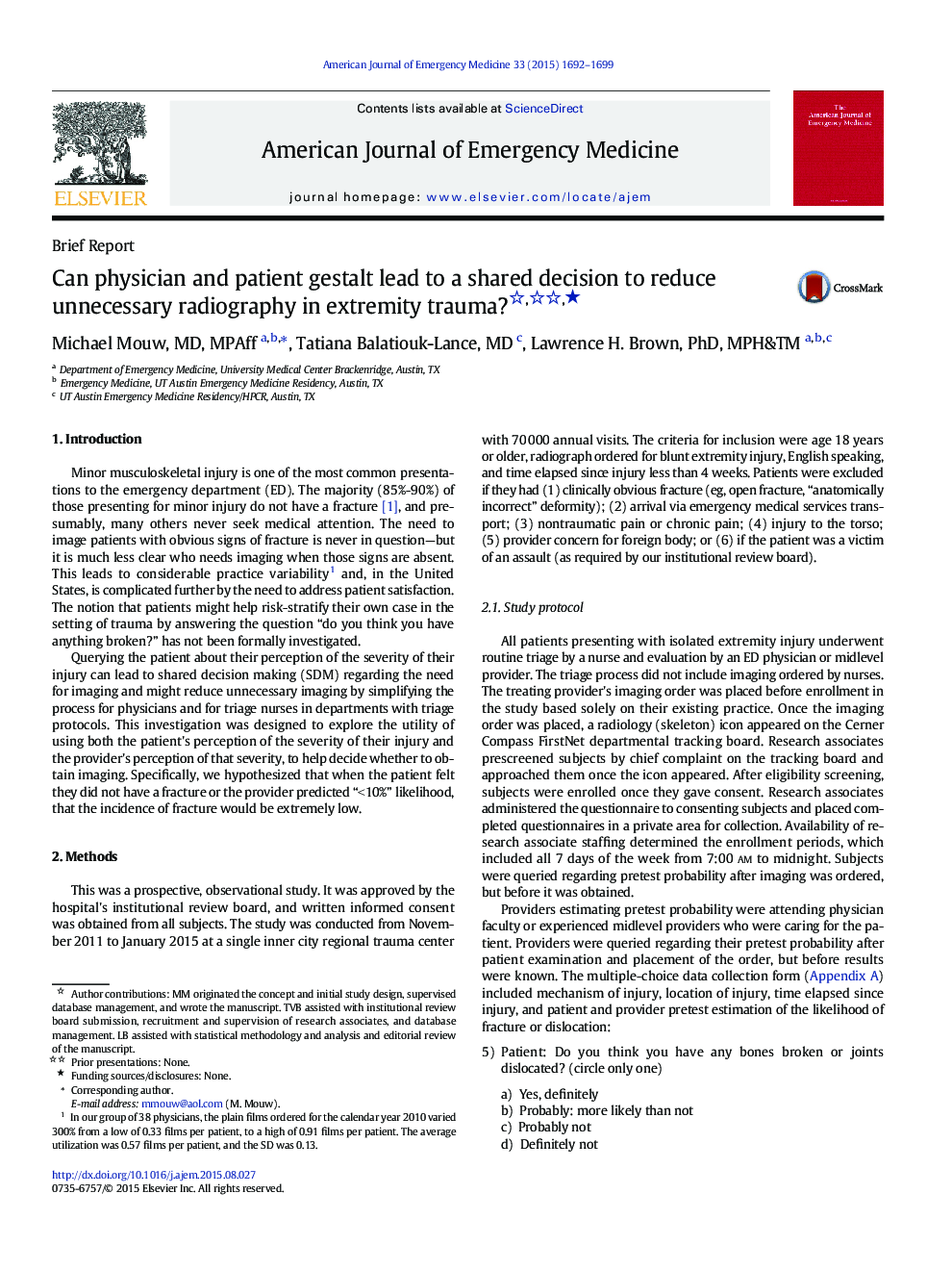 Can physician and patient gestalt lead to a shared decision to reduce unnecessary radiography in extremity trauma?