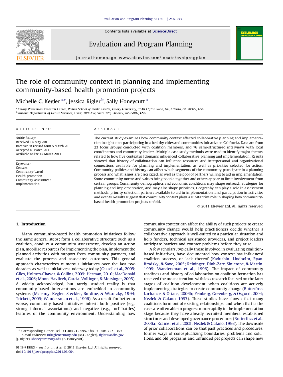 The role of community context in planning and implementing community-based health promotion projects