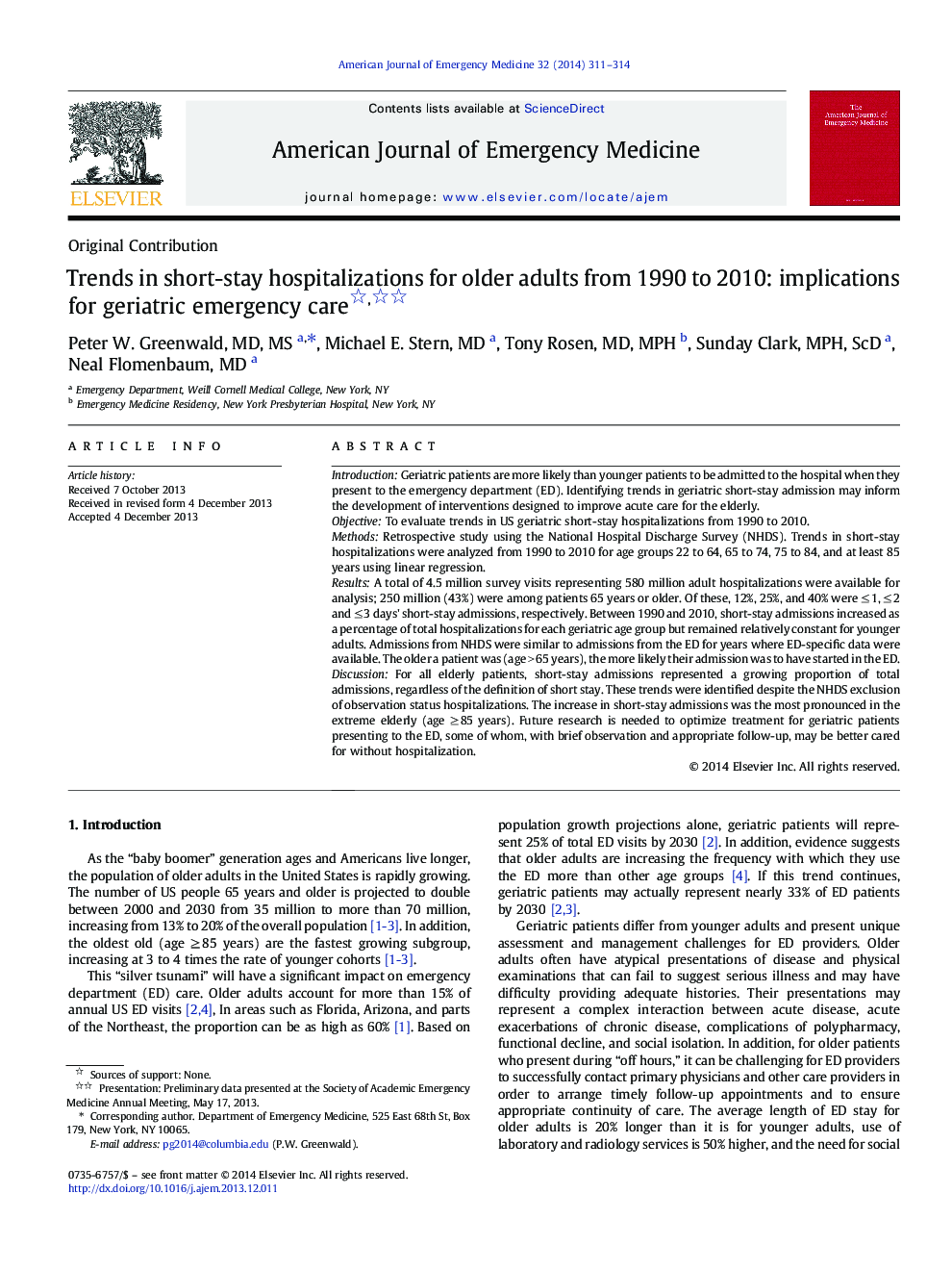 Trends in short-stay hospitalizations for older adults from 1990 to 2010: implications for geriatric emergency care 