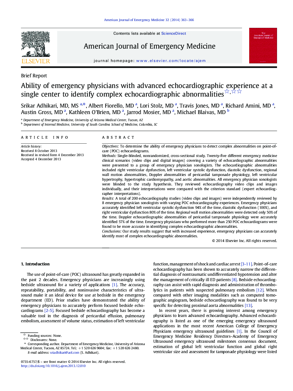 Ability of emergency physicians with advanced echocardiographic experience at a single center to identify complex echocardiographic abnormalities 