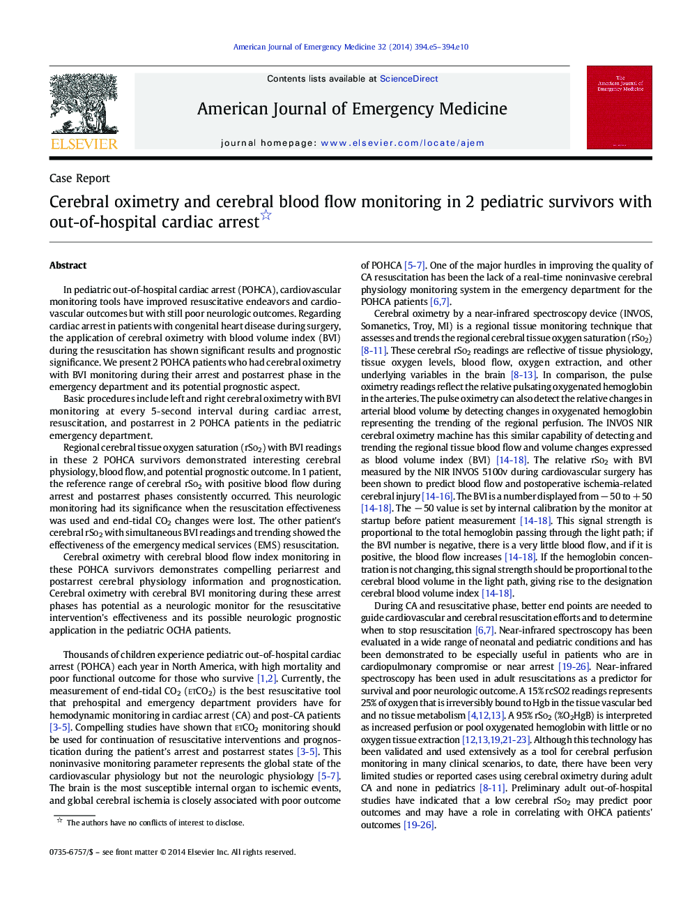 Cerebral oximetry and cerebral blood flow monitoring in 2 pediatric survivors with out-of-hospital cardiac arrest