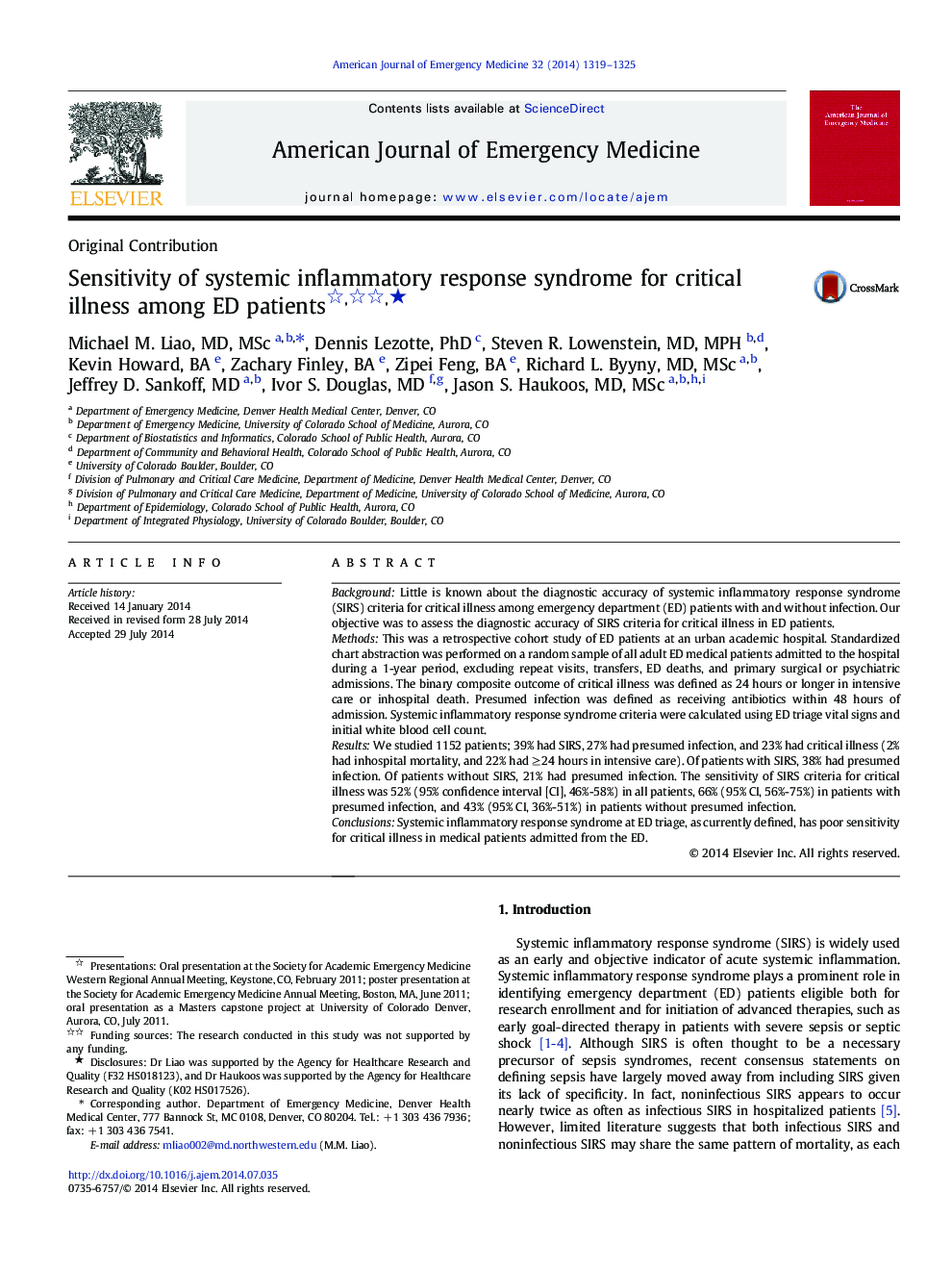 Sensitivity of systemic inflammatory response syndrome for critical illness among ED patients ★