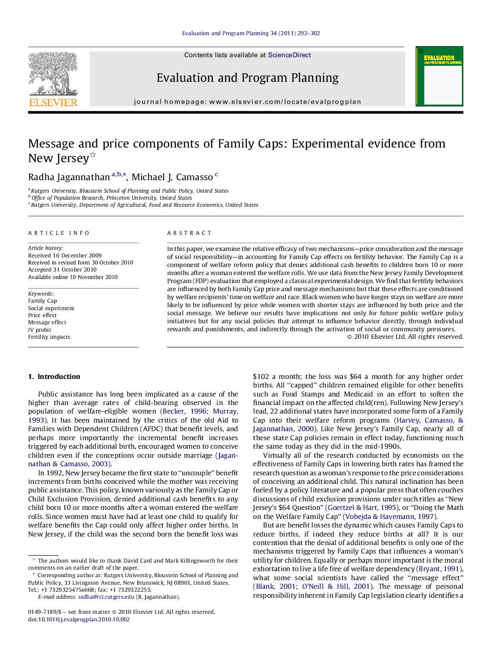 Message and price components of Family Caps: Experimental evidence from New Jersey 