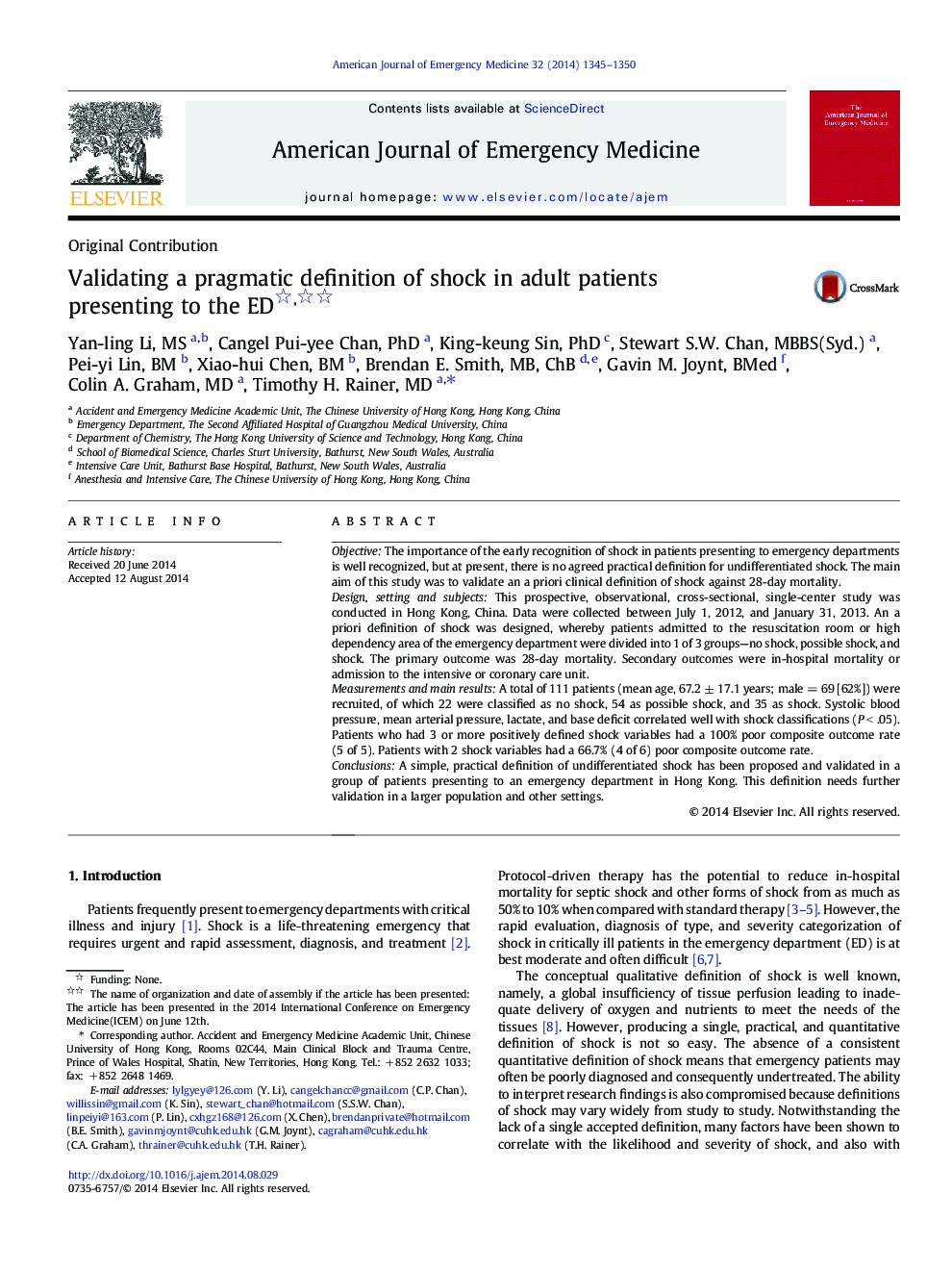 Validating a pragmatic definition of shock in adult patients presenting to the ED 