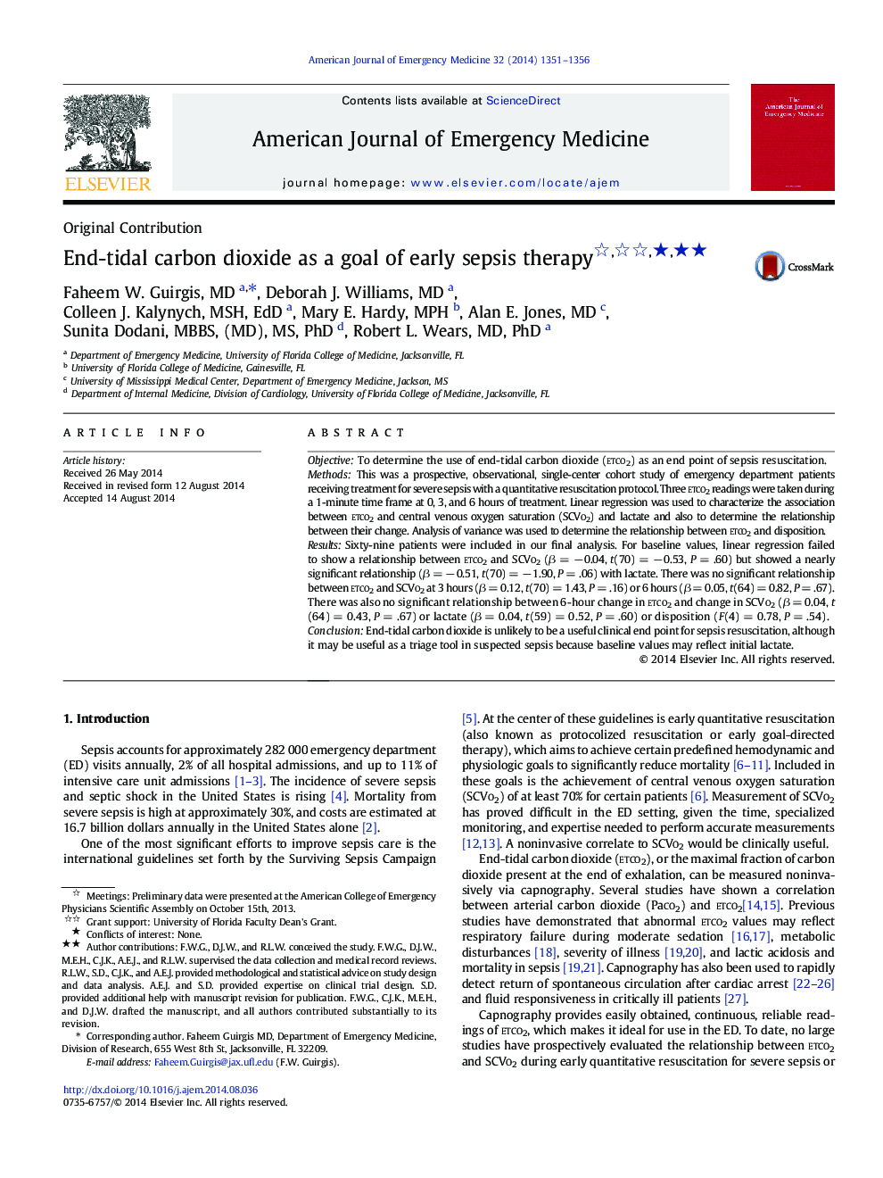 End-tidal carbon dioxide as a goal of early sepsis therapy ★★★