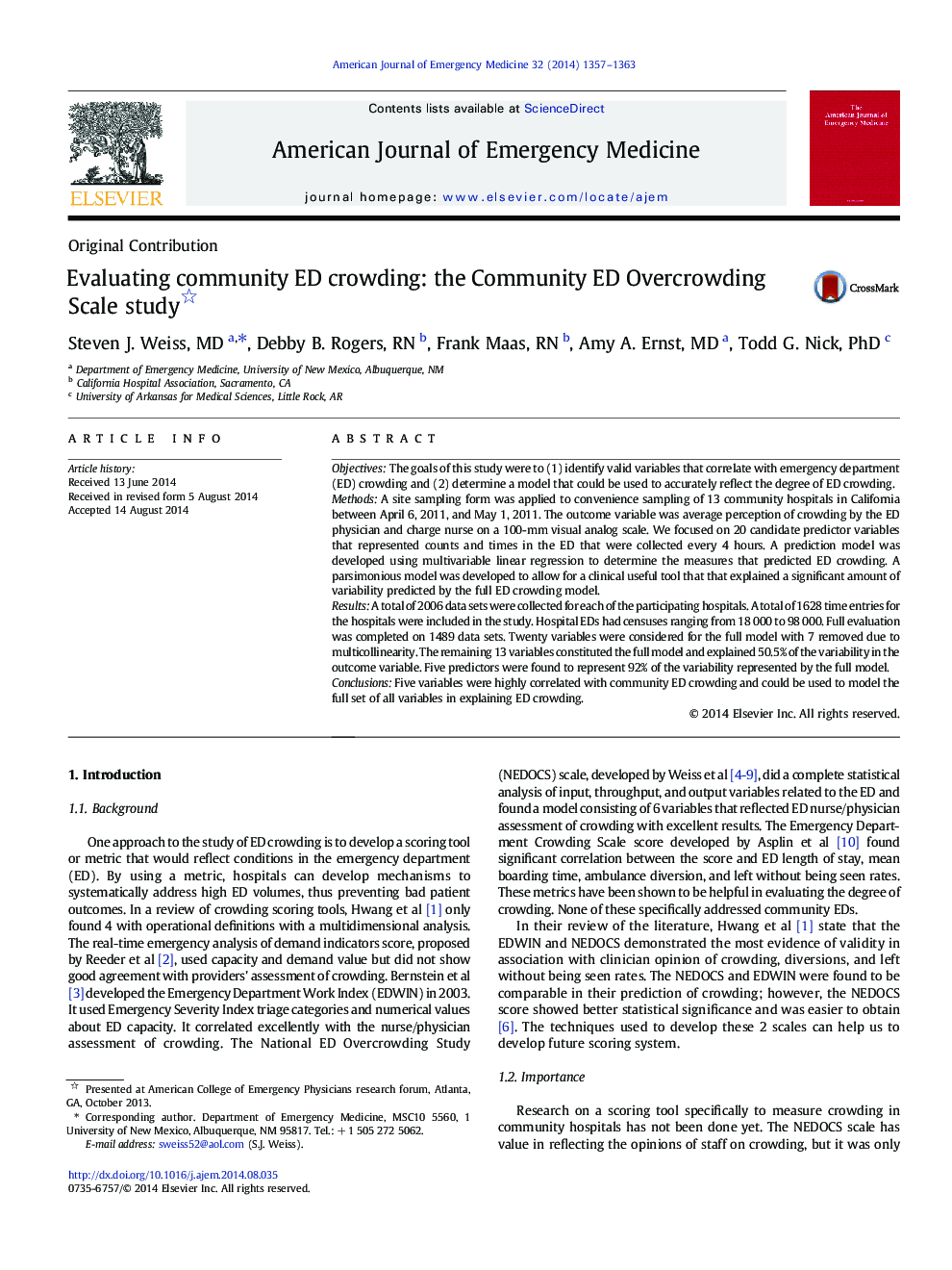 Evaluating community ED crowding: the Community ED Overcrowding Scale study 