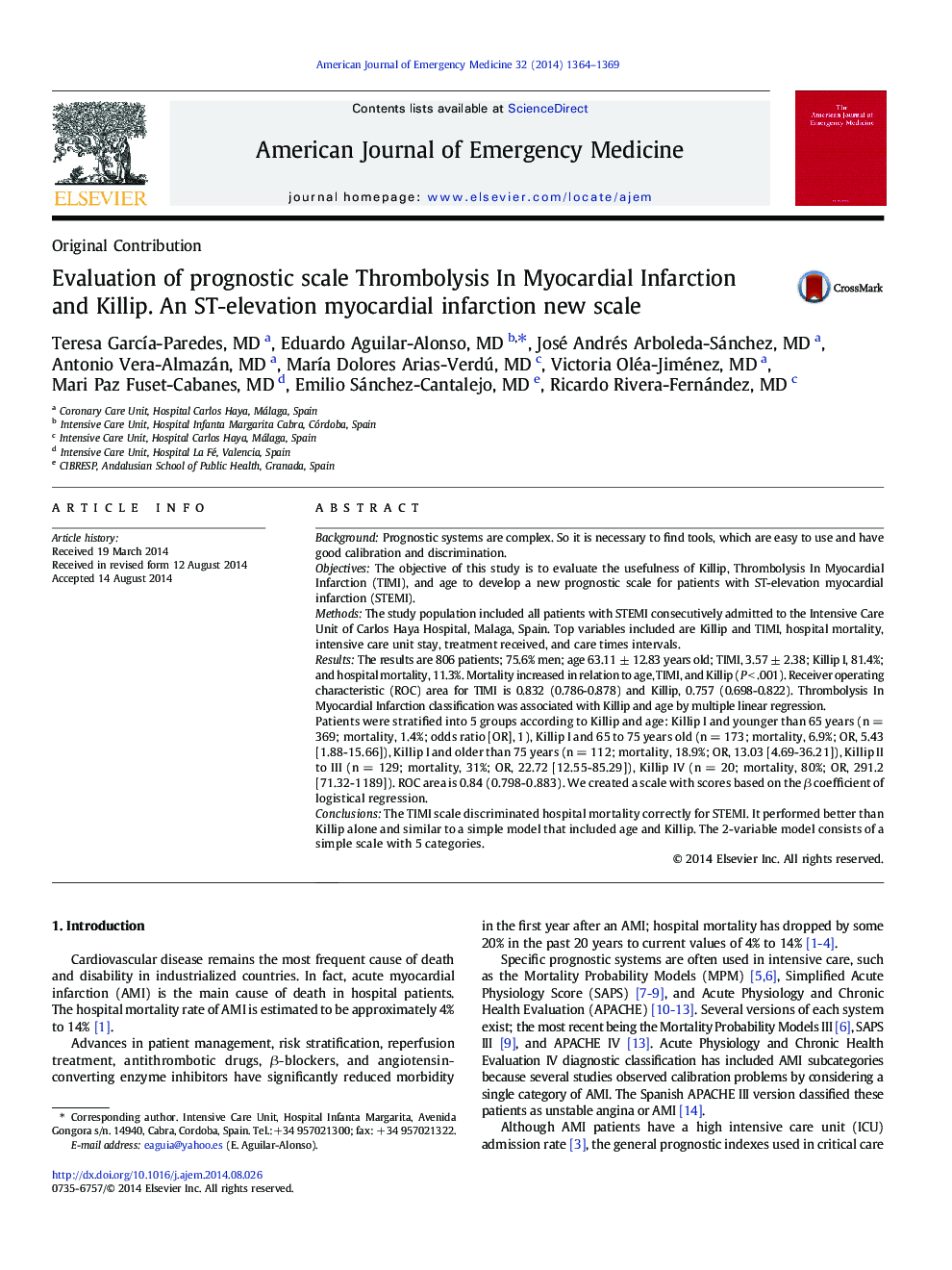 Evaluation of prognostic scale Thrombolysis In Myocardial Infarction and Killip. An ST-elevation myocardial infarction new scale