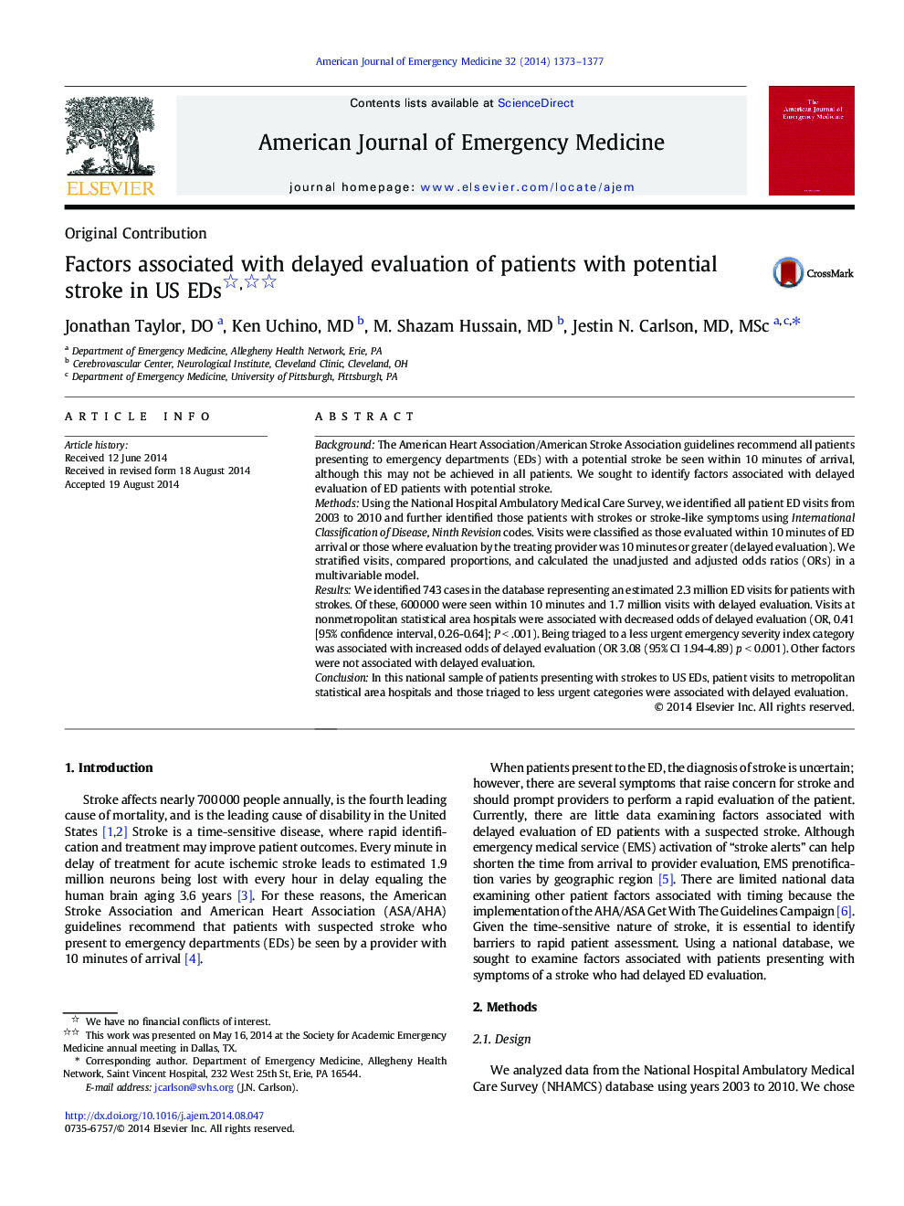 Factors associated with delayed evaluation of patients with potential stroke in US EDs 