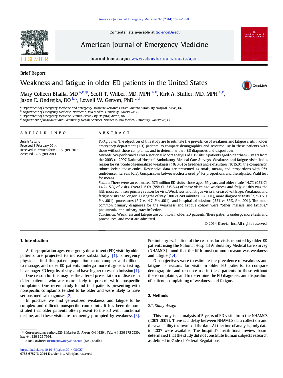 Weakness and fatigue in older ED patients in the United States
