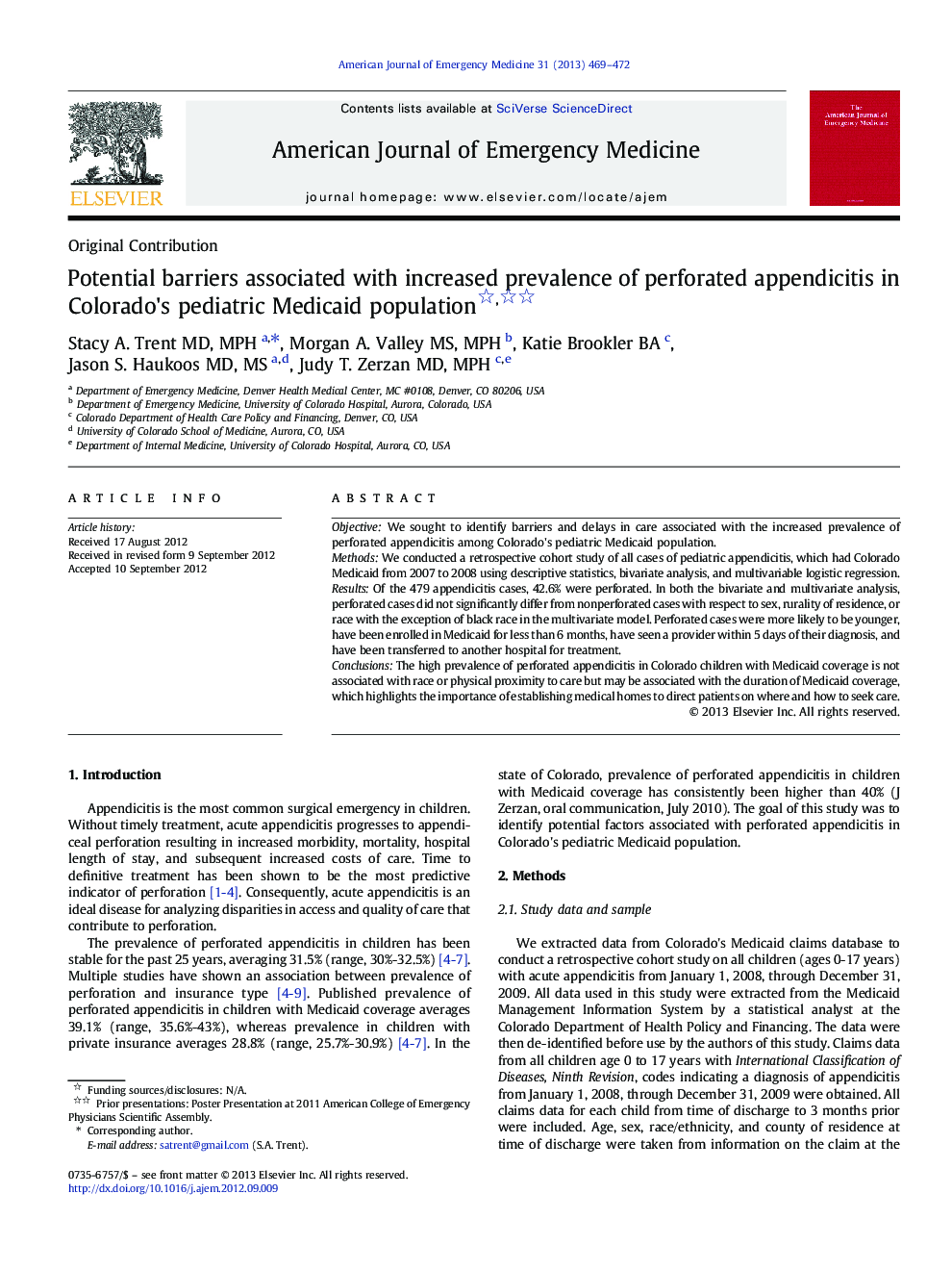Potential barriers associated with increased prevalence of perforated appendicitis in Colorado's pediatric Medicaid population 