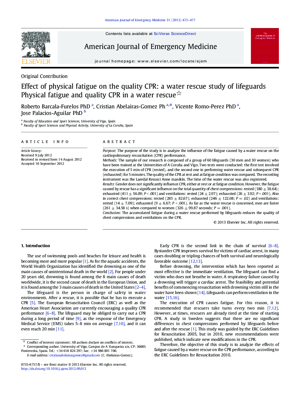 Effect of physical fatigue on the quality CPR: a water rescue study of lifeguards : Physical fatigue and quality CPR in a water rescue