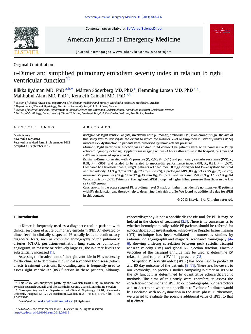 d-Dimer and simplified pulmonary embolism severity index in relation to right ventricular function 