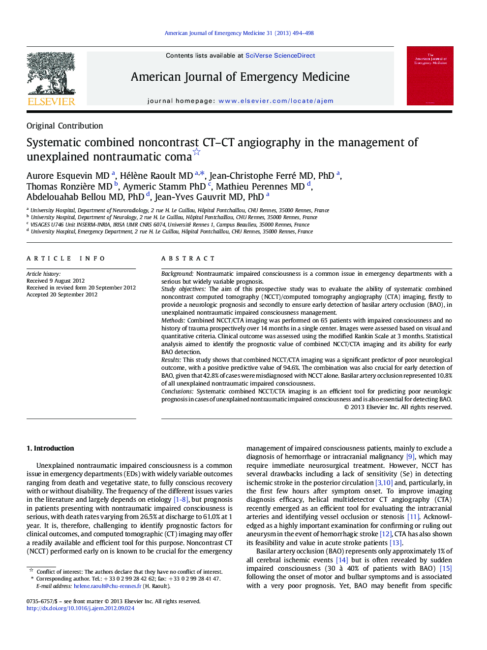 Systematic combined noncontrast CT–CT angiography in the management of unexplained nontraumatic coma 