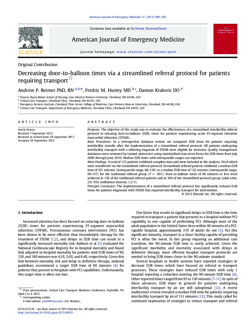 Decreasing door-to-balloon times via a streamlined referral protocol for patients requiring transport 