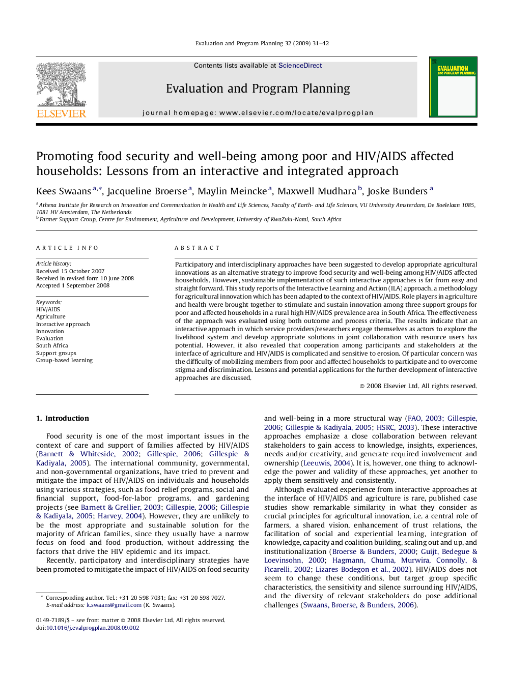 Promoting food security and well-being among poor and HIV/AIDS affected households: Lessons from an interactive and integrated approach