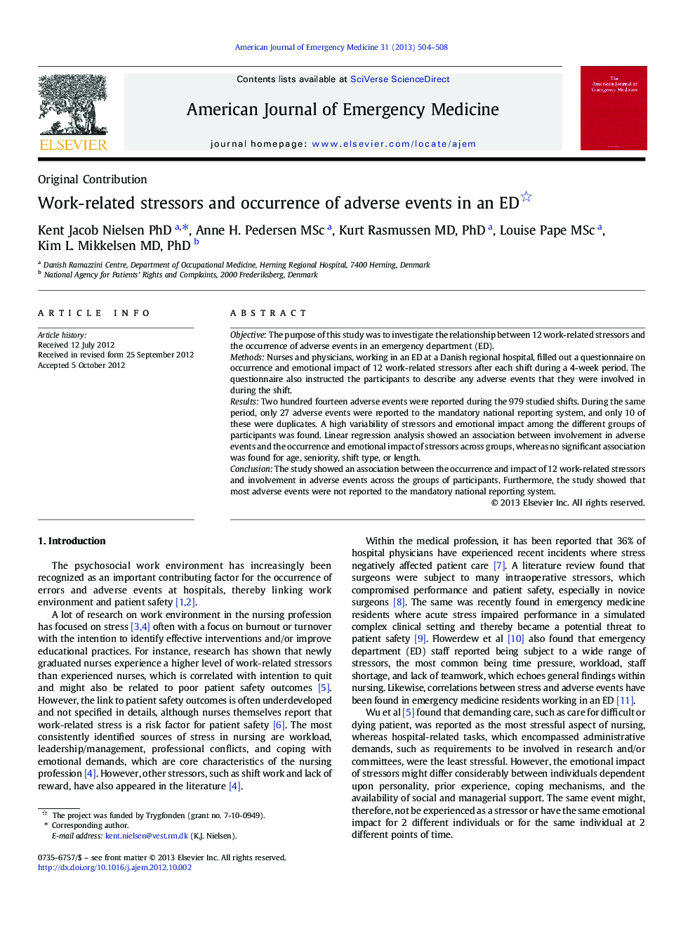 Work-related stressors and occurrence of adverse events in an ED 