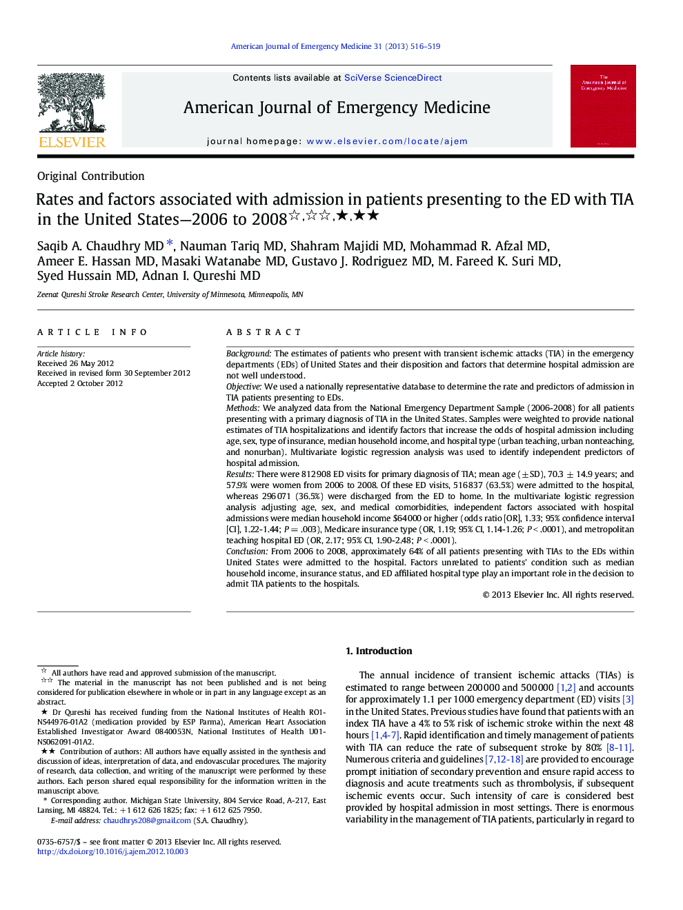 Rates and factors associated with admission in patients presenting to the ED with TIA in the United States—2006 to 2008 ★★★