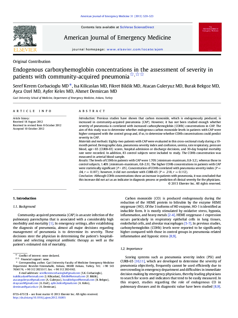 Endogenous carboxyhemoglobin concentrations in the assessment of severity in patients with community-acquired pneumonia 