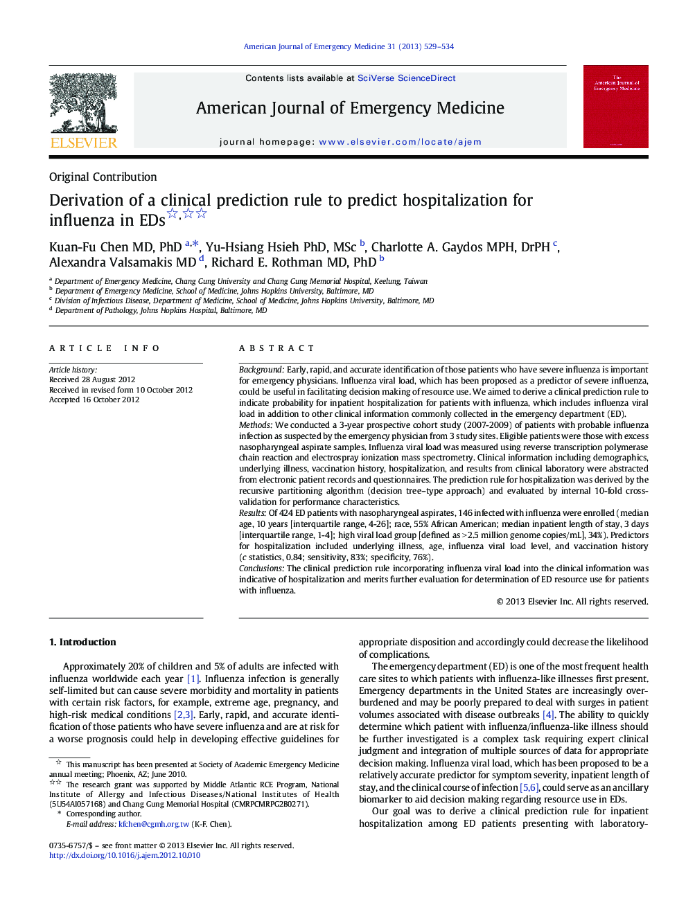 Derivation of a clinical prediction rule to predict hospitalization for influenza in EDs 