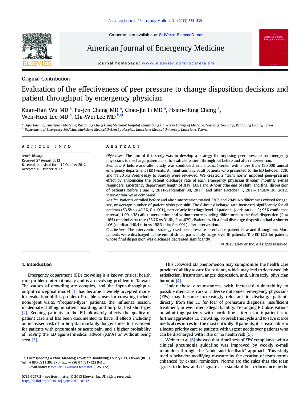 Evaluation of the effectiveness of peer pressure to change disposition decisions and patient throughput by emergency physician