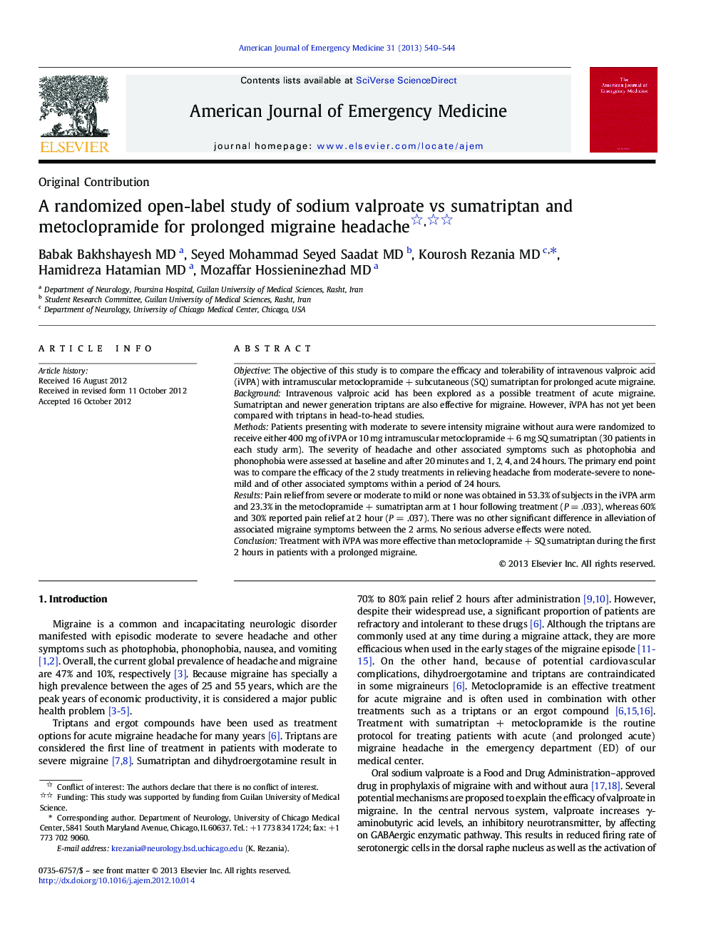 A randomized open-label study of sodium valproate vs sumatriptan and metoclopramide for prolonged migraine headache 