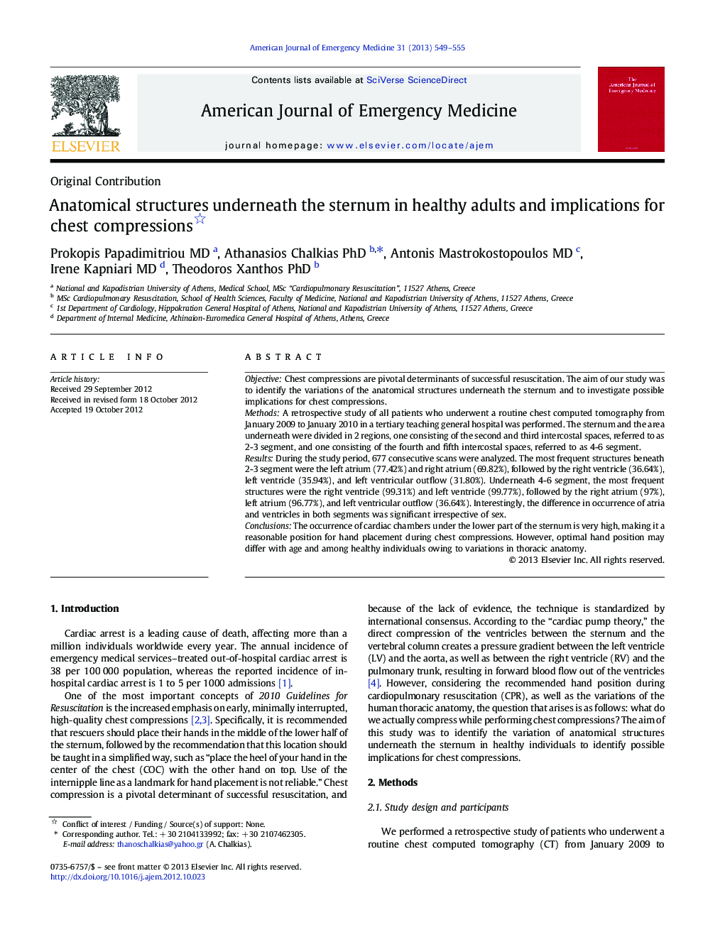 Anatomical structures underneath the sternum in healthy adults and implications for chest compressions 
