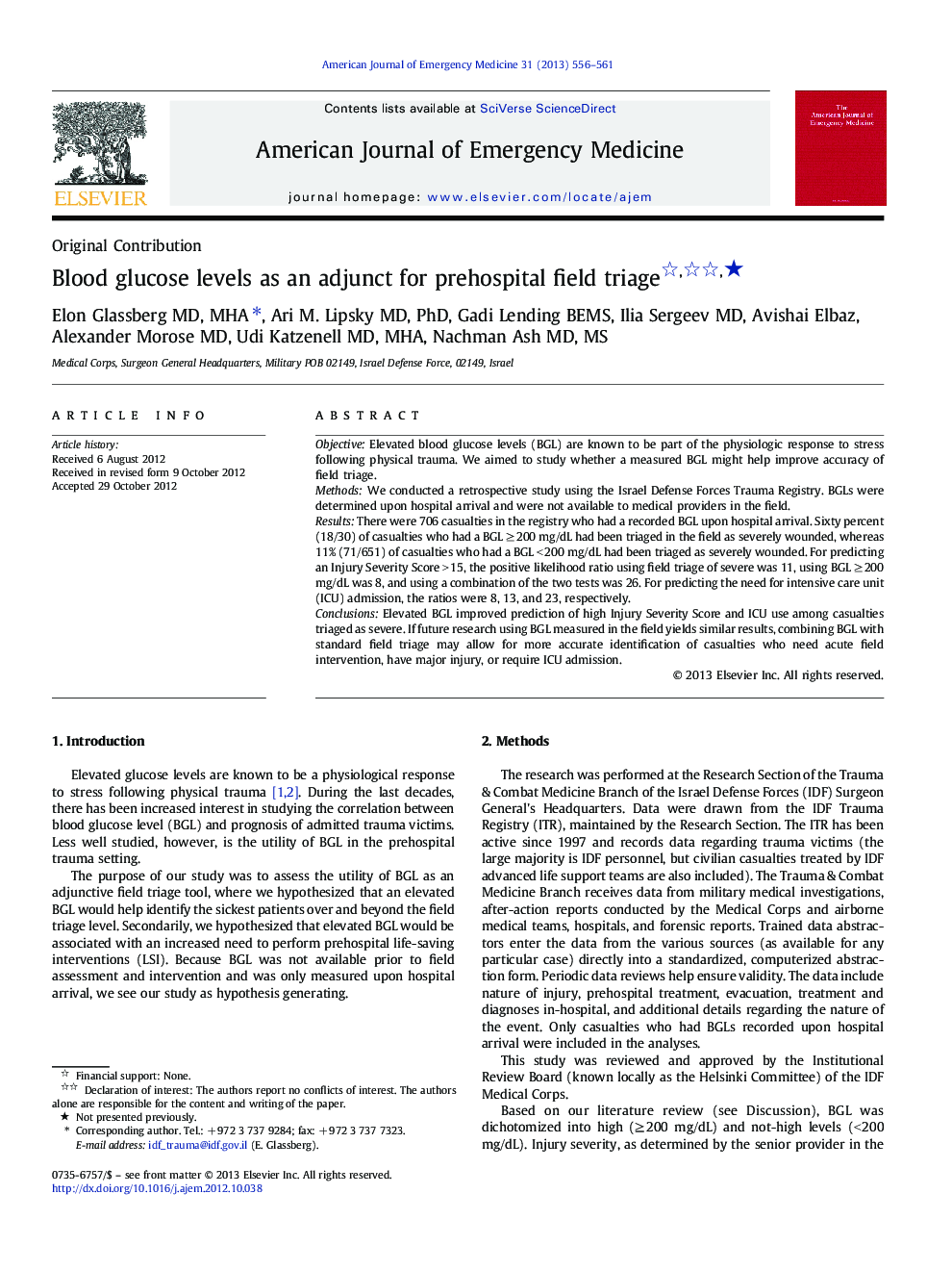 Blood glucose levels as an adjunct for prehospital field triage ★