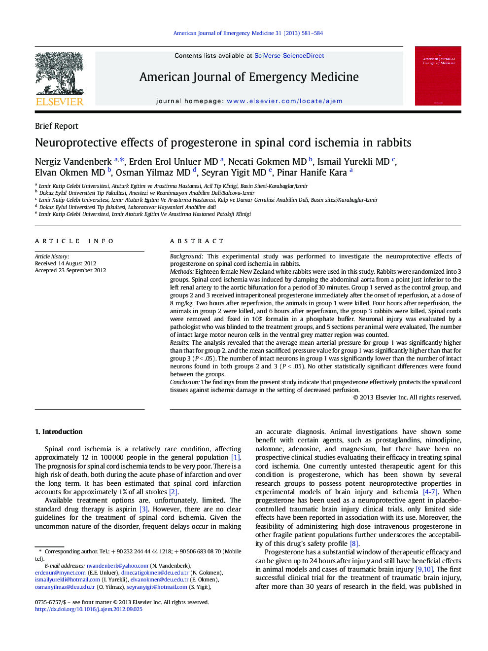 Neuroprotective effects of progesterone in spinal cord ischemia in rabbits