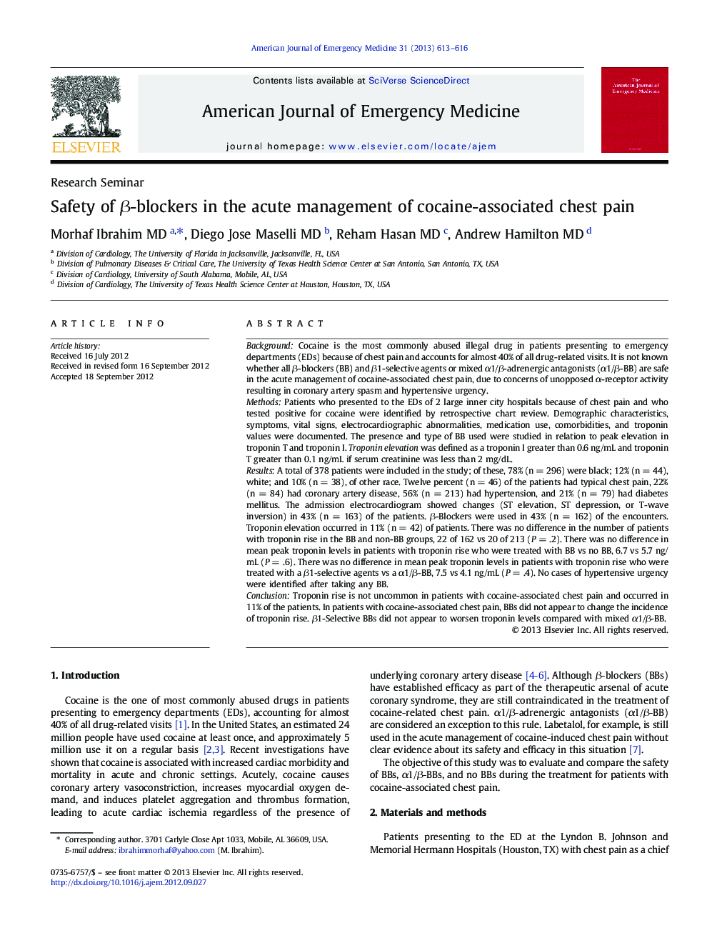 Safety of β-blockers in the acute management of cocaine-associated chest pain