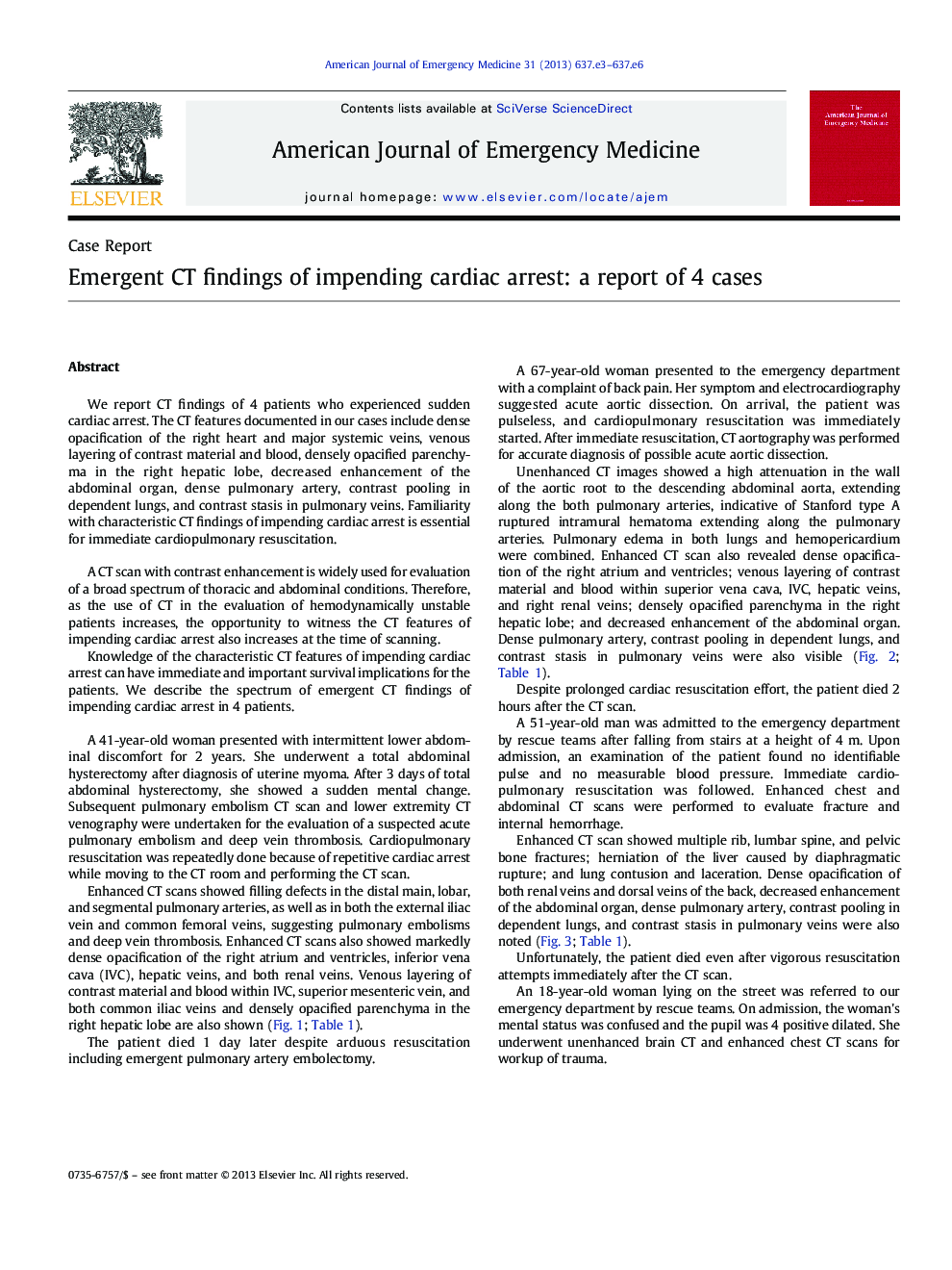 Emergent CT findings of impending cardiac arrest: a report of 4 cases