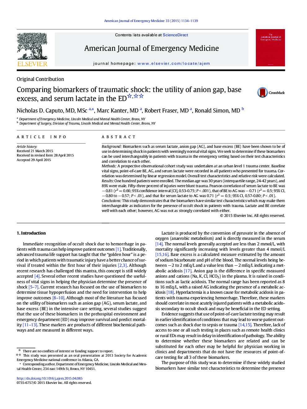 Comparing biomarkers of traumatic shock: the utility of anion gap, base excess, and serum lactate in the ED 