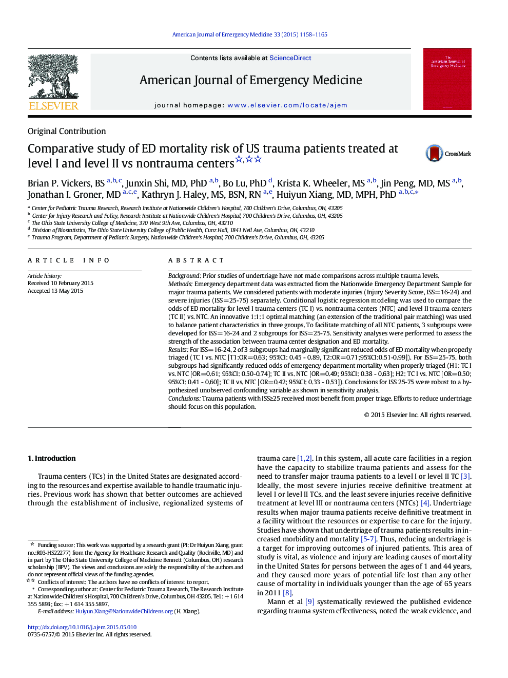 Comparative study of ED mortality risk of US trauma patients treated at level I and level II vs nontrauma centers 