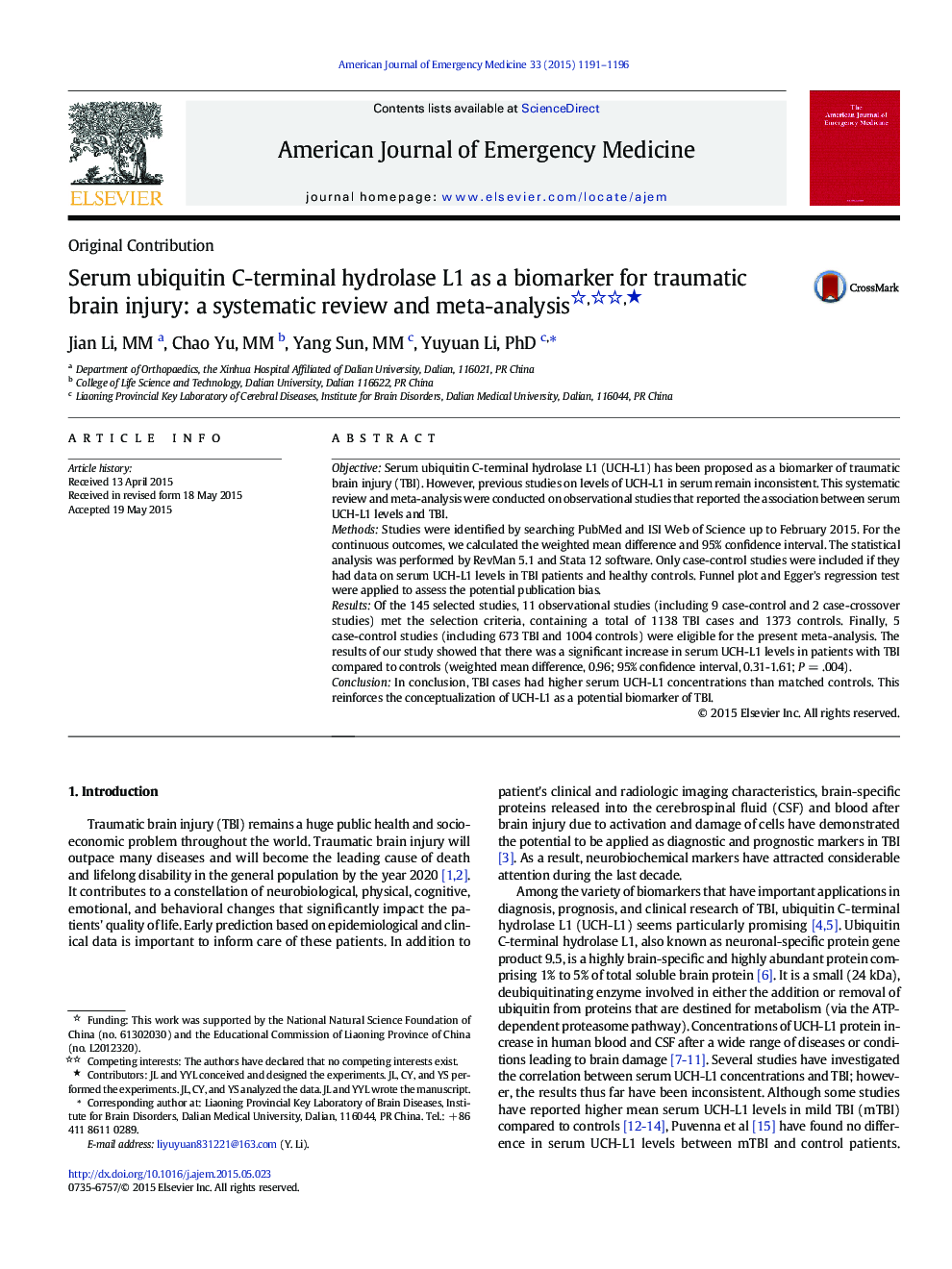 Serum ubiquitin C-terminal hydrolase L1 as a biomarker for traumatic brain injury: a systematic review and meta-analysis ★