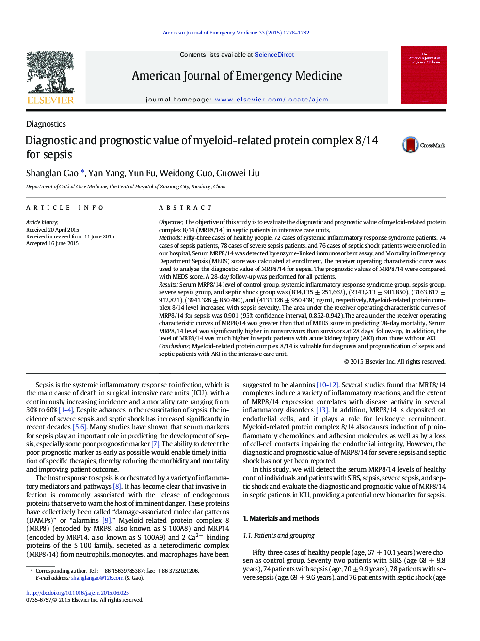 Diagnostic and prognostic value of myeloid-related protein complex 8/14 for sepsis
