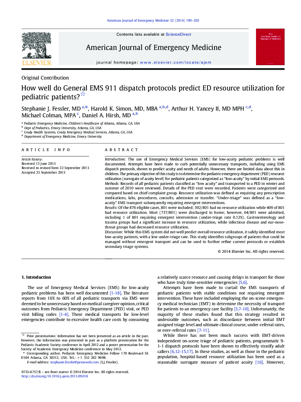 How well do General EMS 911 dispatch protocols predict ED resource utilization for pediatric patients? 