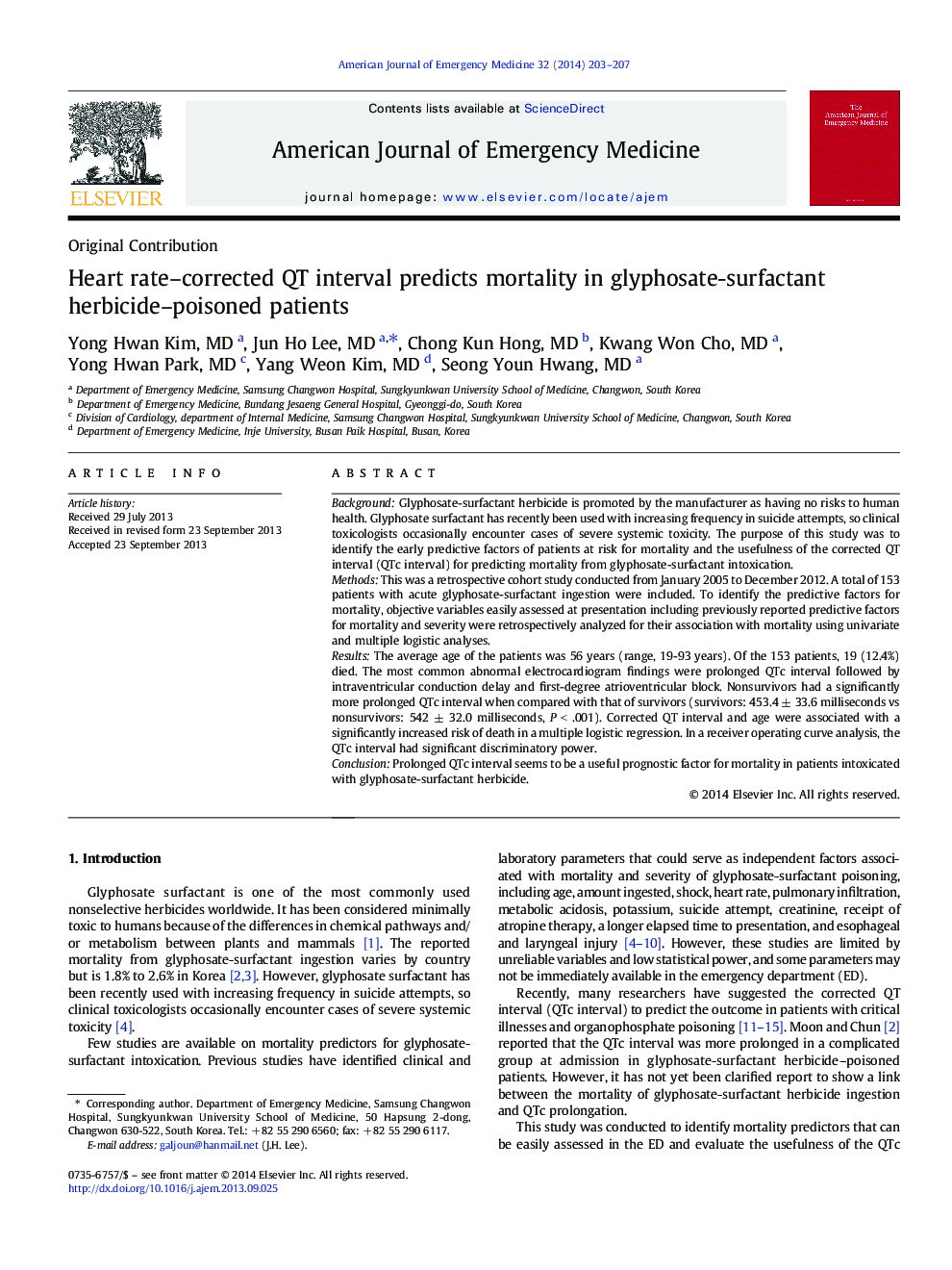 Heart rate–corrected QT interval predicts mortality in glyphosate-surfactant herbicide–poisoned patients