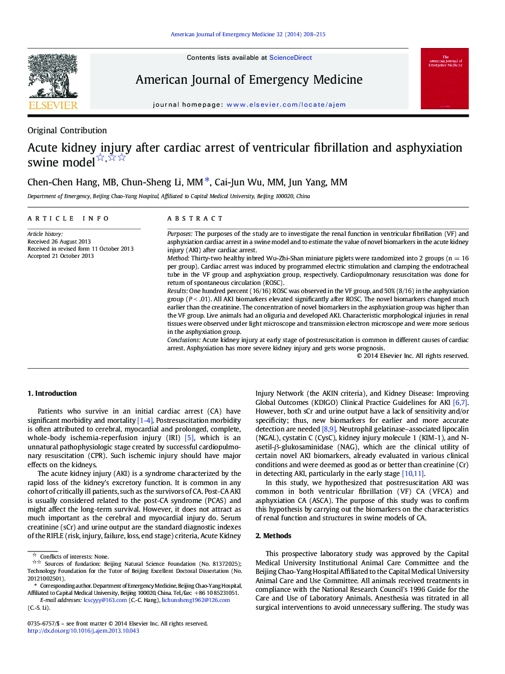 Acute kidney injury after cardiac arrest of ventricular fibrillation and asphyxiation swine model 