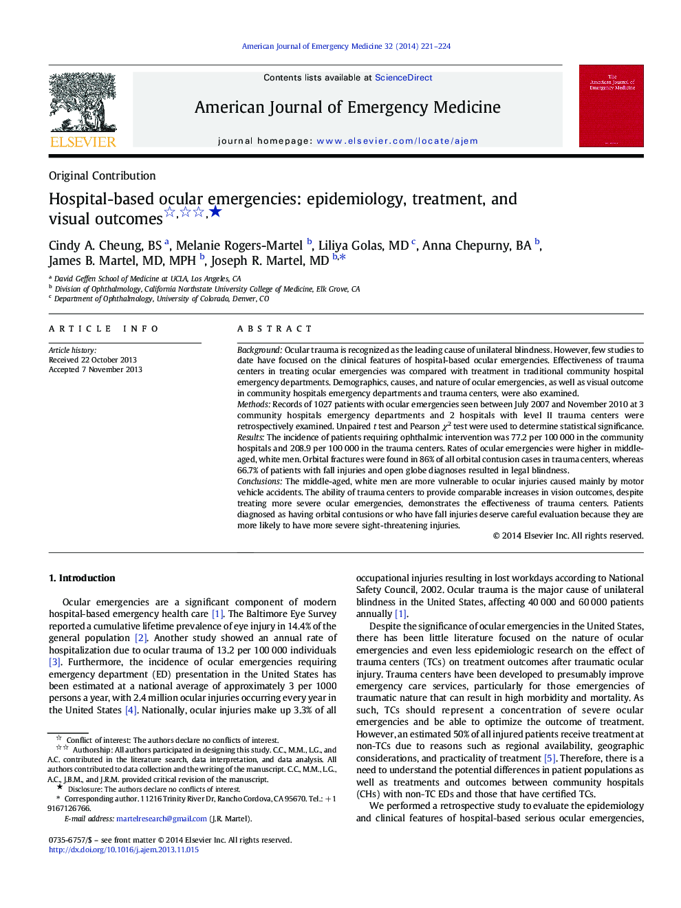 Hospital-based ocular emergencies: epidemiology, treatment, and visual outcomes ★