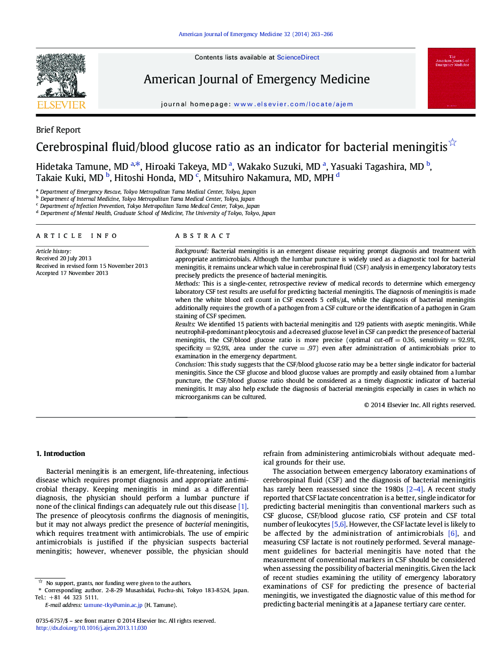 Cerebrospinal fluid/blood glucose ratio as an indicator for bacterial meningitis 